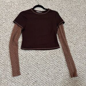 Brown Layered Cropped Short/Long Sleeve Shirt, Size Medium